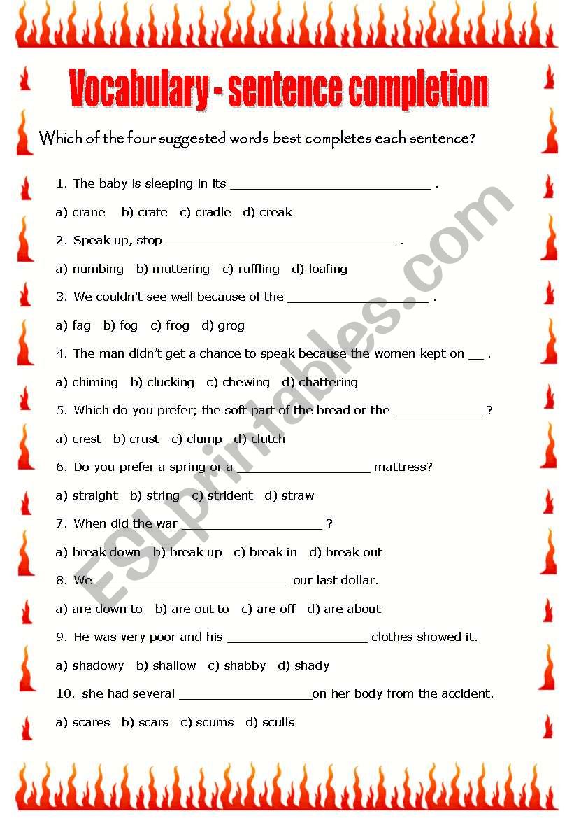 Vocabulary Sentence Completion ESL Worksheet By Ticas