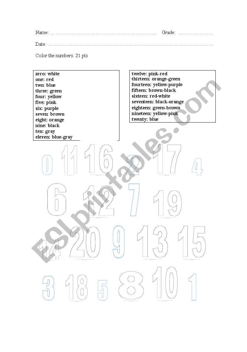 color the numbers 0-20 worksheet