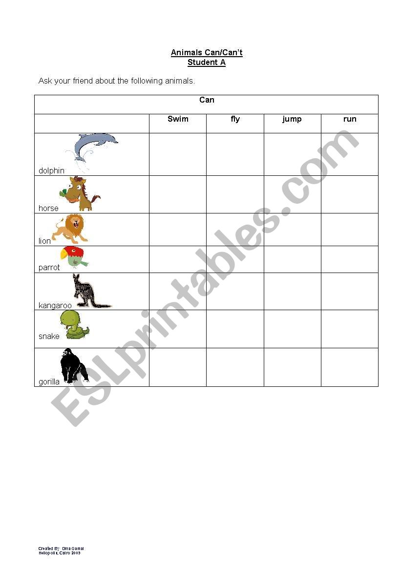 Animals  Can/Can´t worksheet