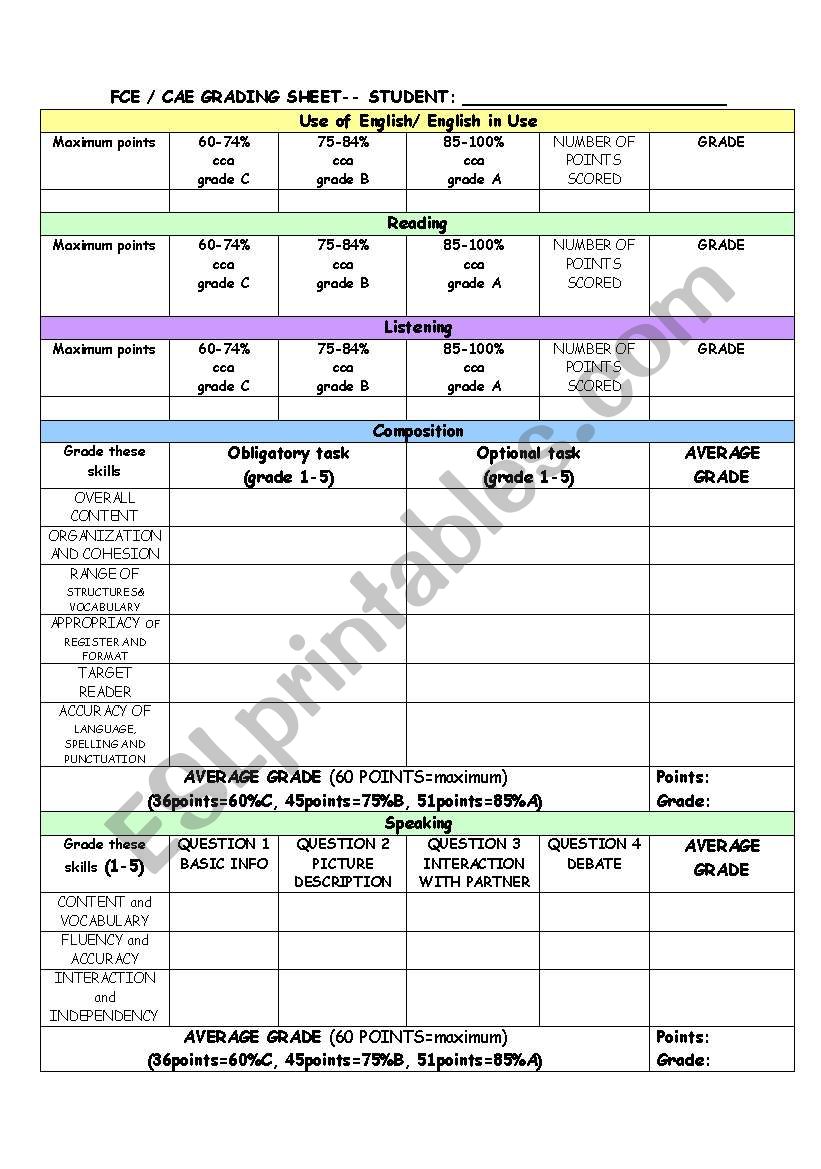 GRADING SHEET - for advanced sts