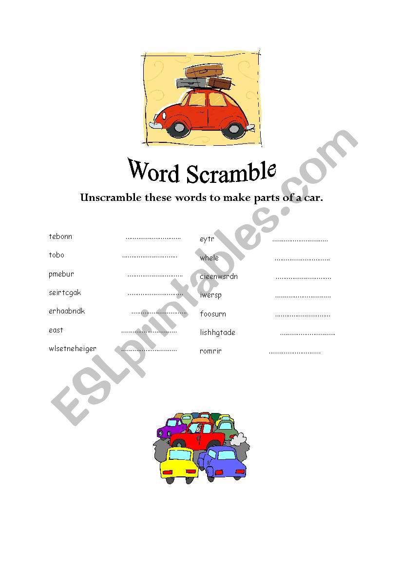 Car parts word scramble worksheet