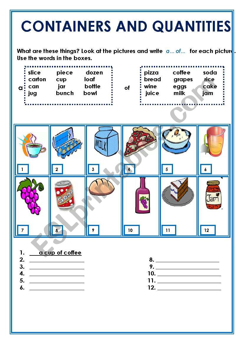 containers and quantities 2 worksheet