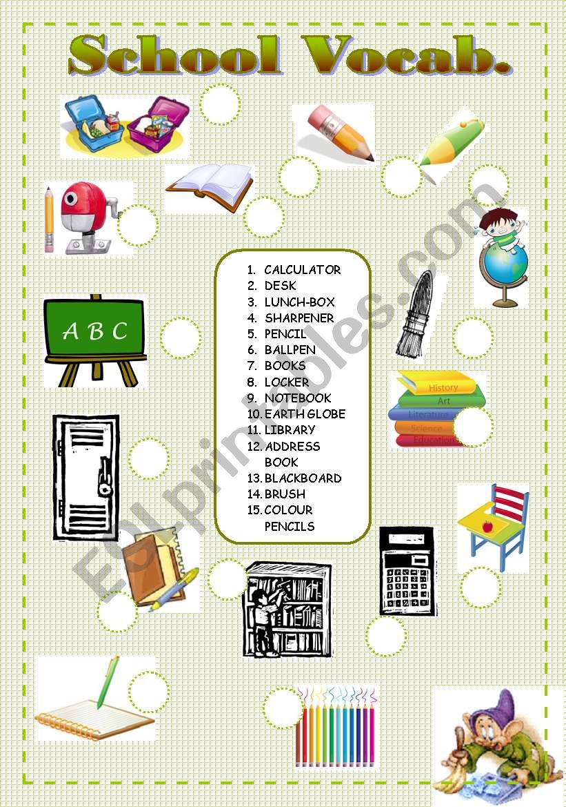 School Vocabulary - Word and Picture Match worksheet 