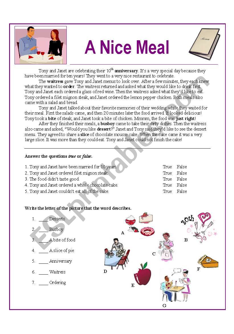 A Nice Meal worksheet