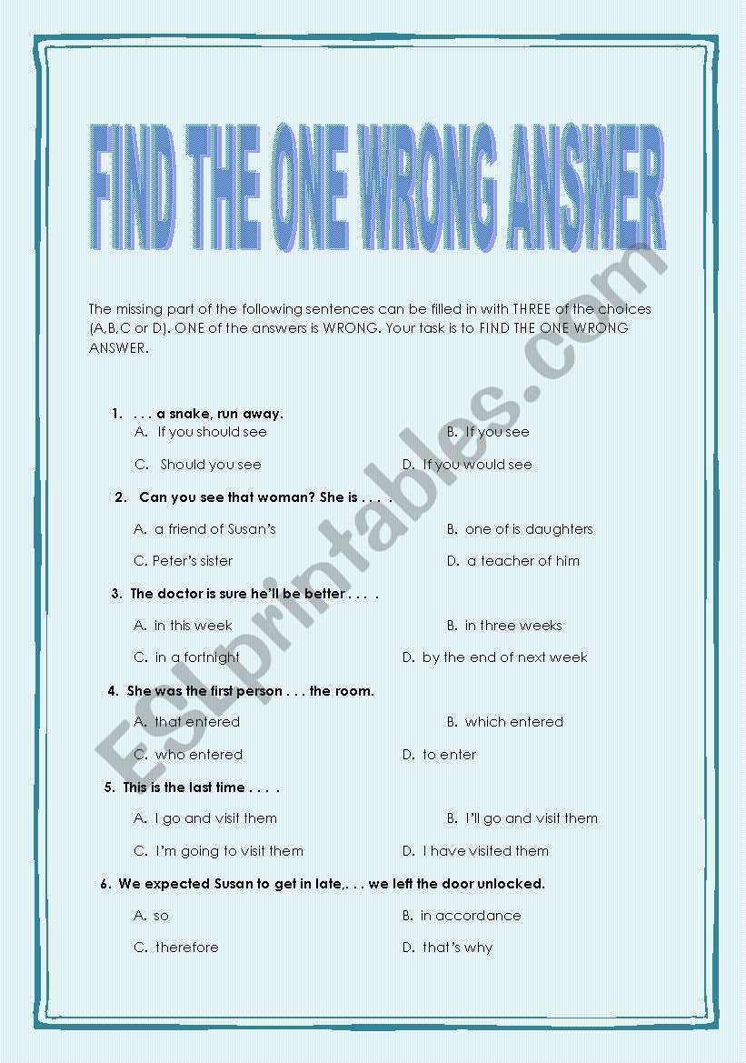 Find the one wrong answer worksheet