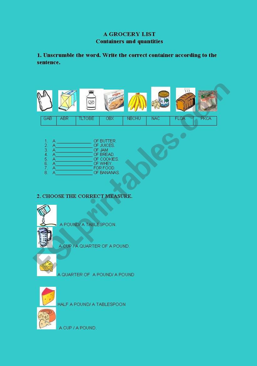 containers and measures worksheet