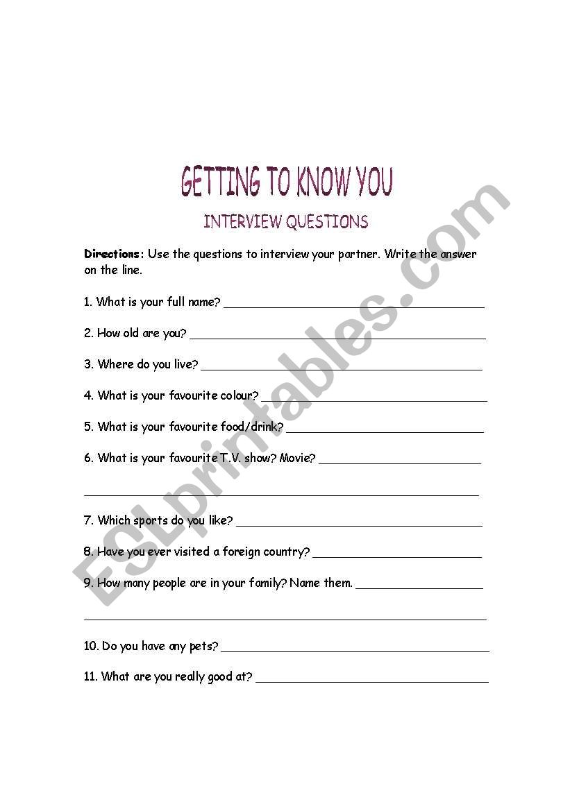 Getting to Know worksheet