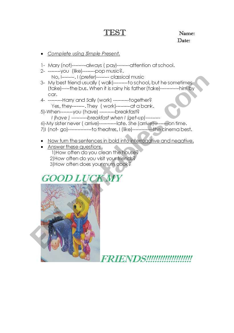 SIMPLE PRESENT TEST worksheet