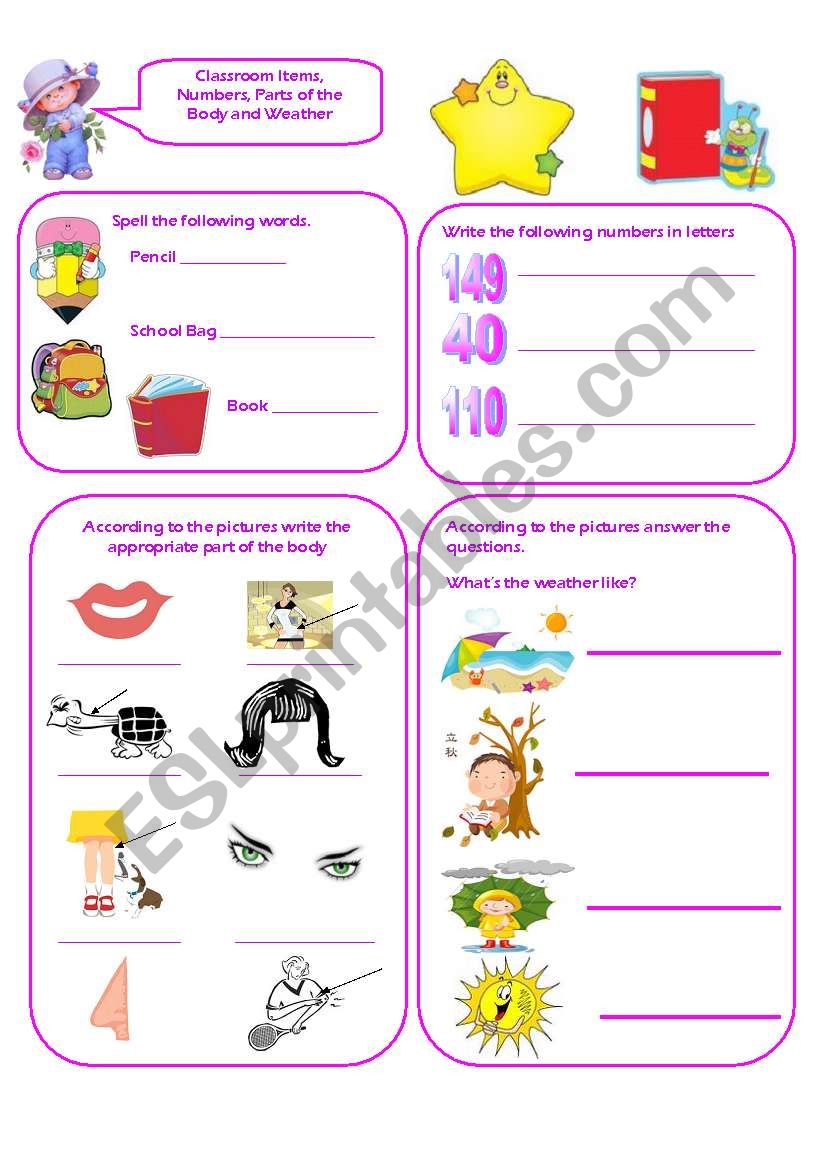 REVISION VOCABULARY. CLASSROOM ITEMS, NUMBERS, THE ALPHABET, PARTS OF THE BODY AND WEATHER