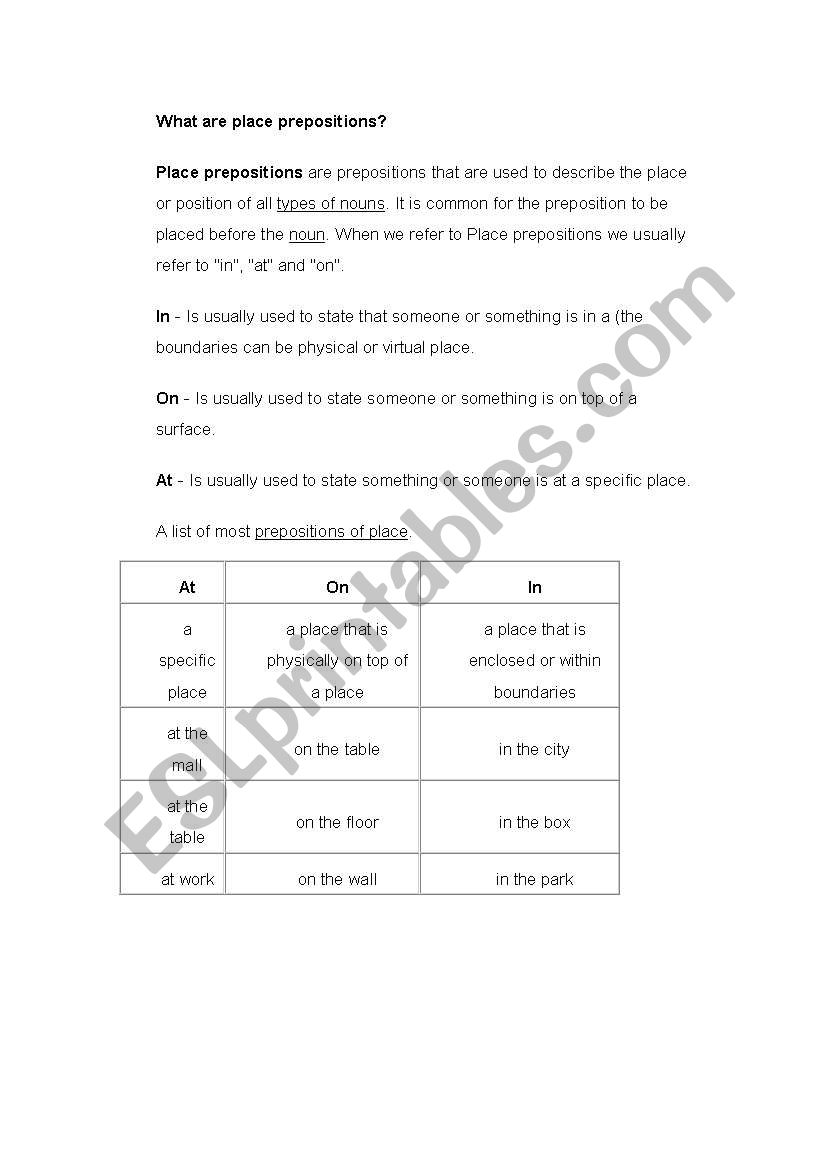 preposition of place worksheet