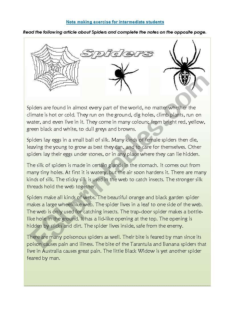 Note making-Spiders worksheet