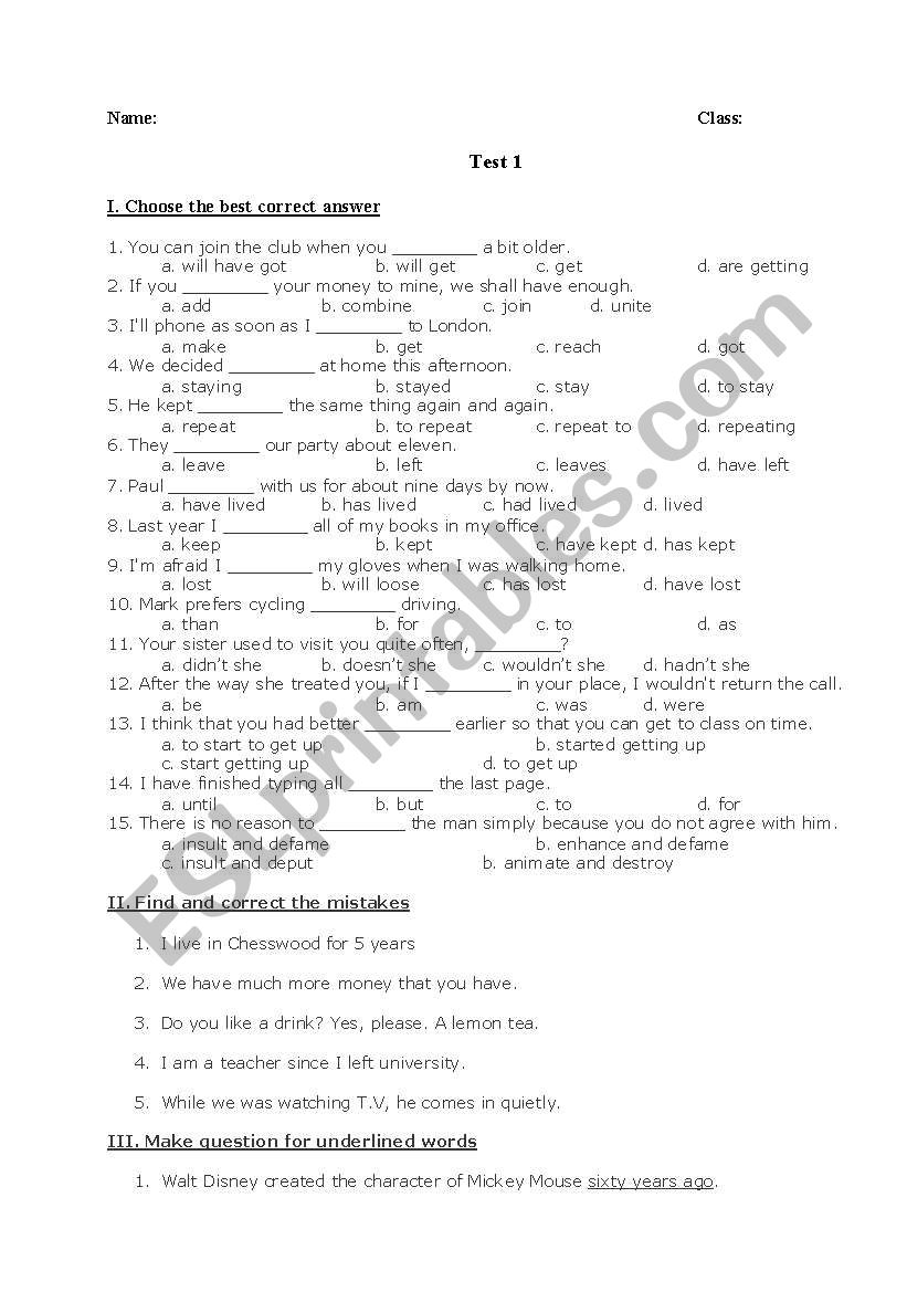 Test level B worksheet