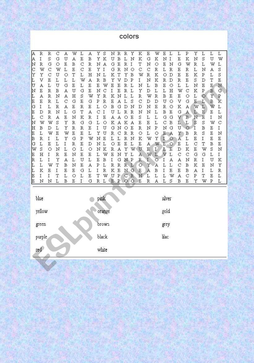 colors word search worksheet