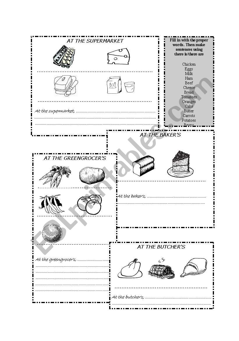 food and shops worksheet