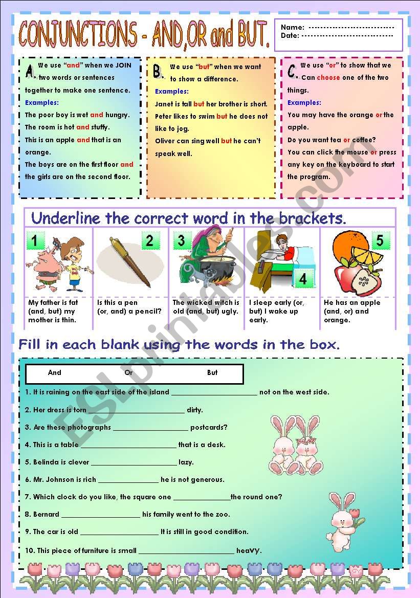 Conjunctions - and,or and but worksheet