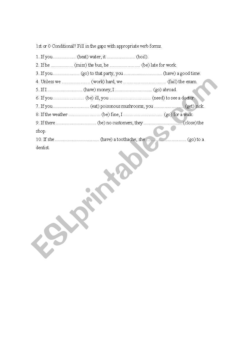 1st vs 0 conditional worksheet