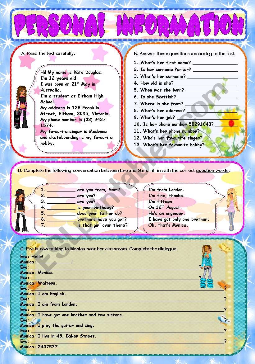 Personal Information worksheet