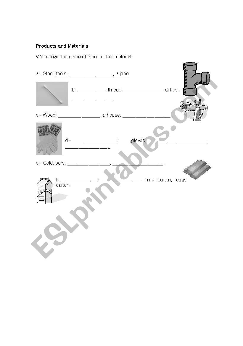 Products and materials worksheet