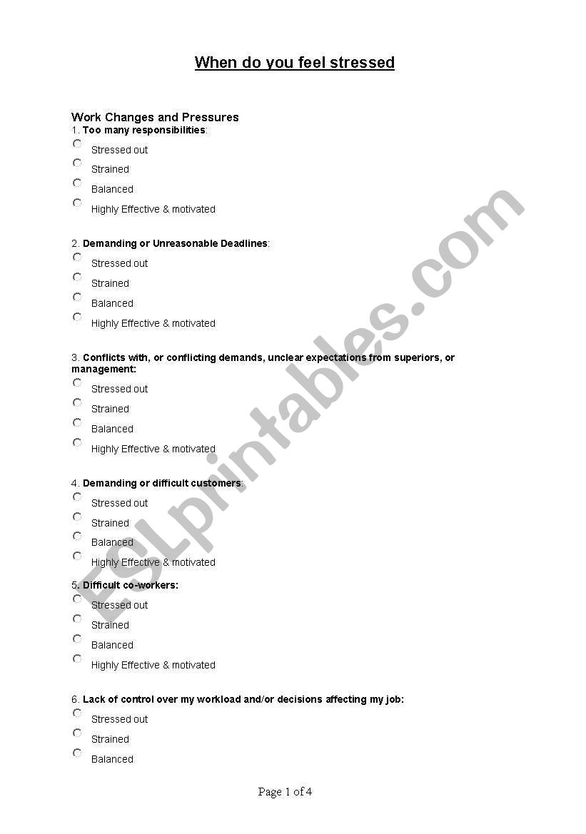 When do you feel stressed worksheet