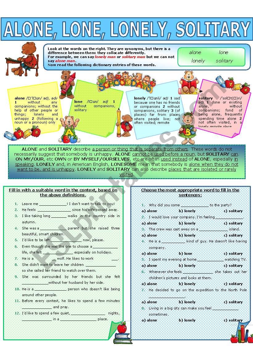 Synonyms lonely, solitary, single, alone worksheet