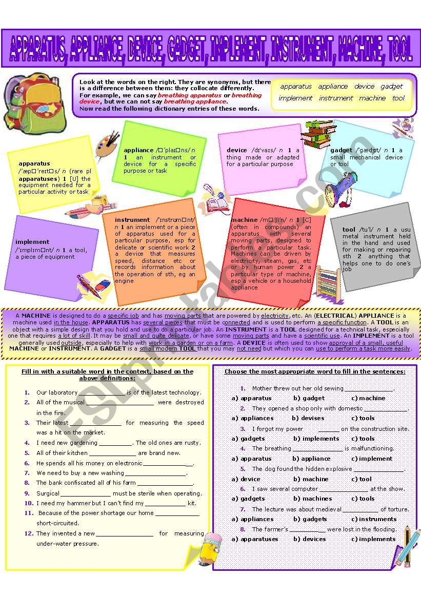 COLLOCATION 50 - APPARATUS, APPLIANCE, DEVICE, GADGET, IMPLEMENT, INSTRUMENT, MACHINE, TOOL