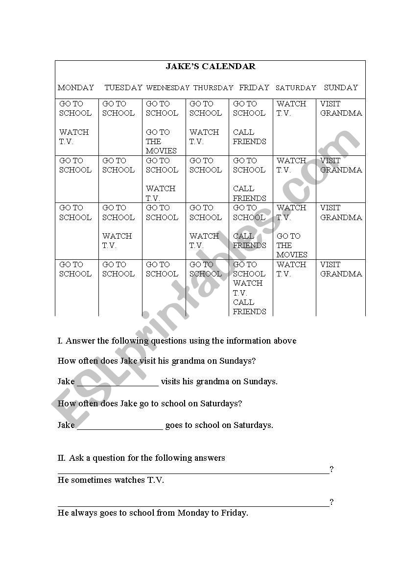Jakes Calendar worksheet