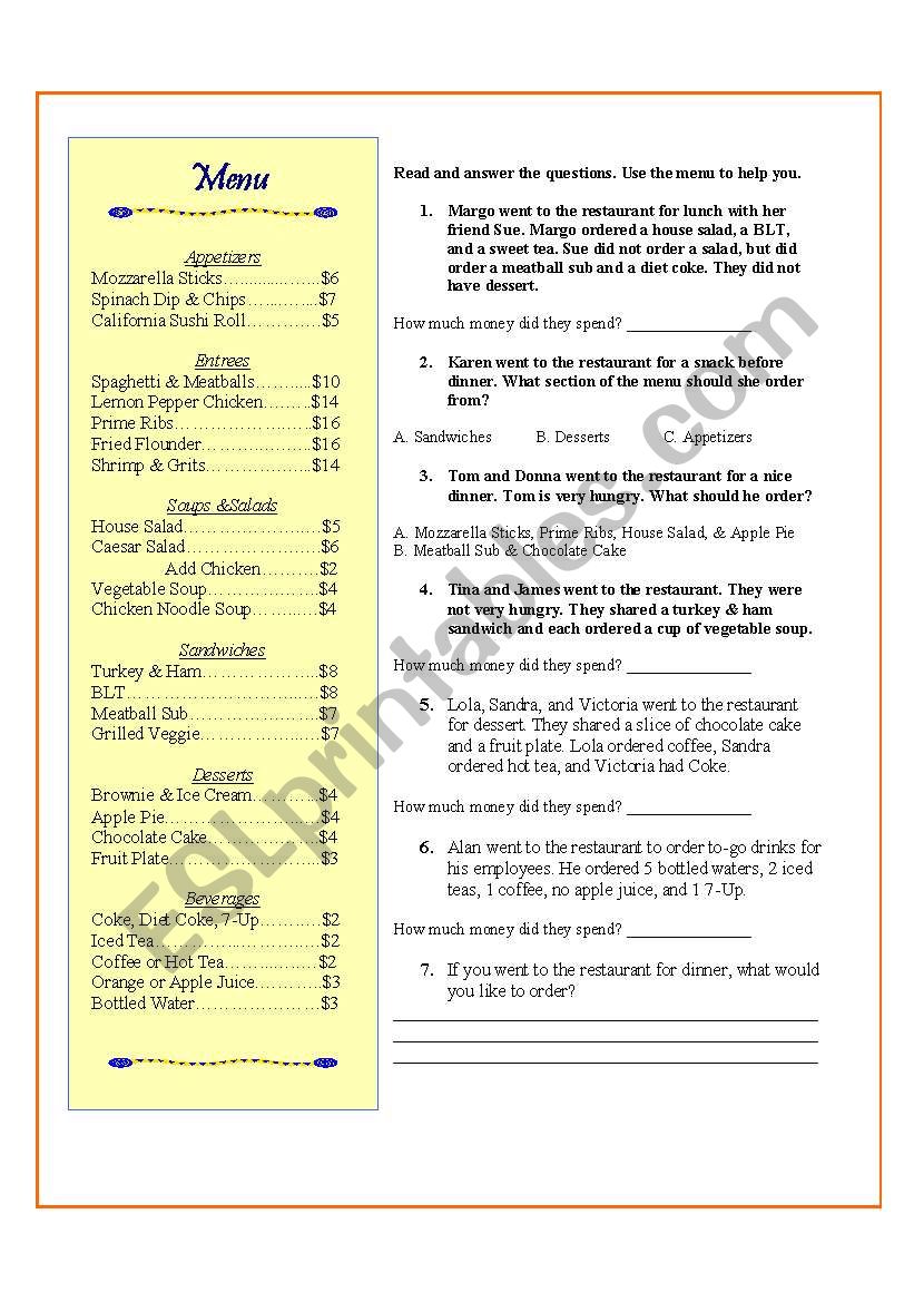 Ordering from a Menu worksheet