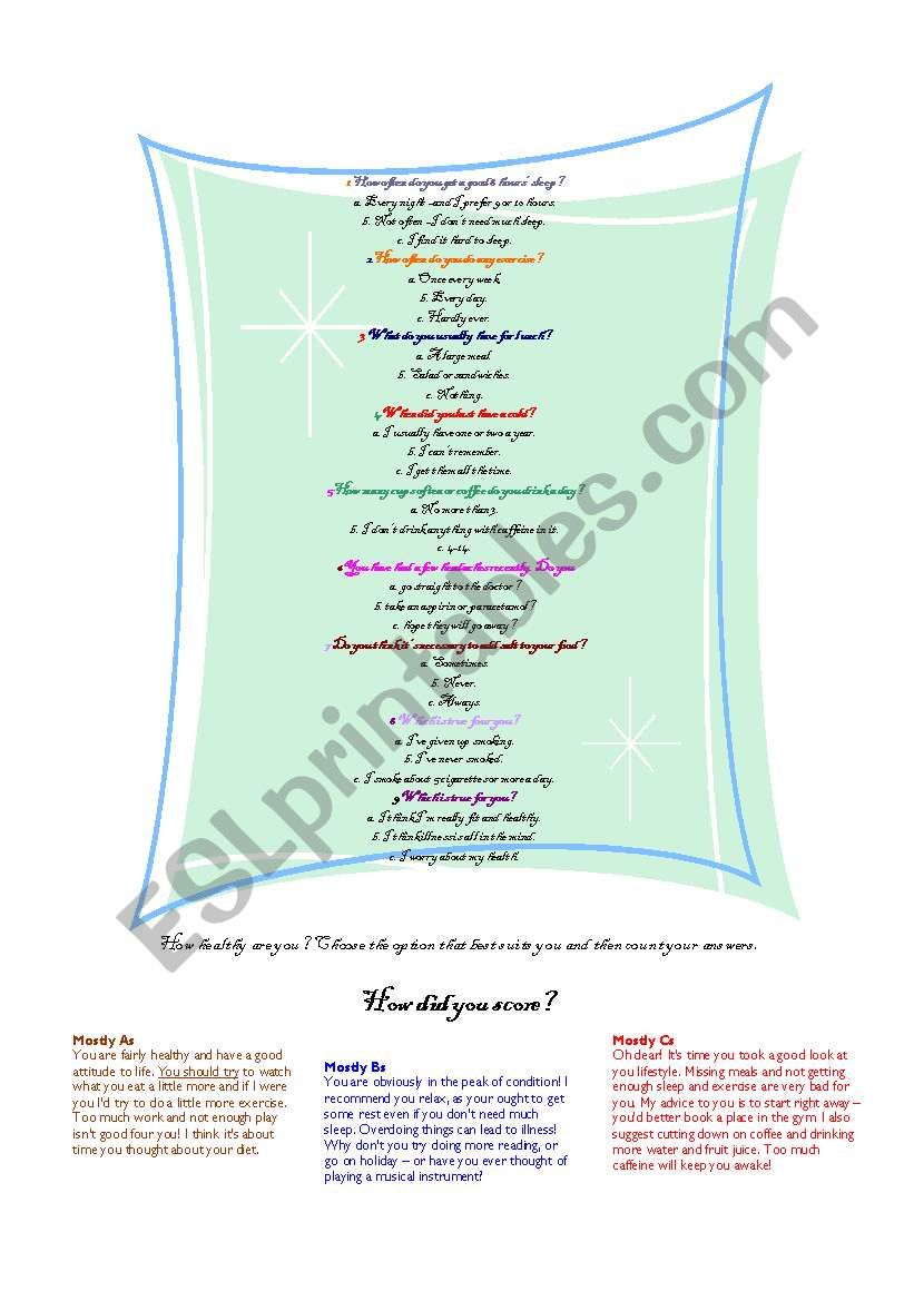 Health Questionnaire worksheet