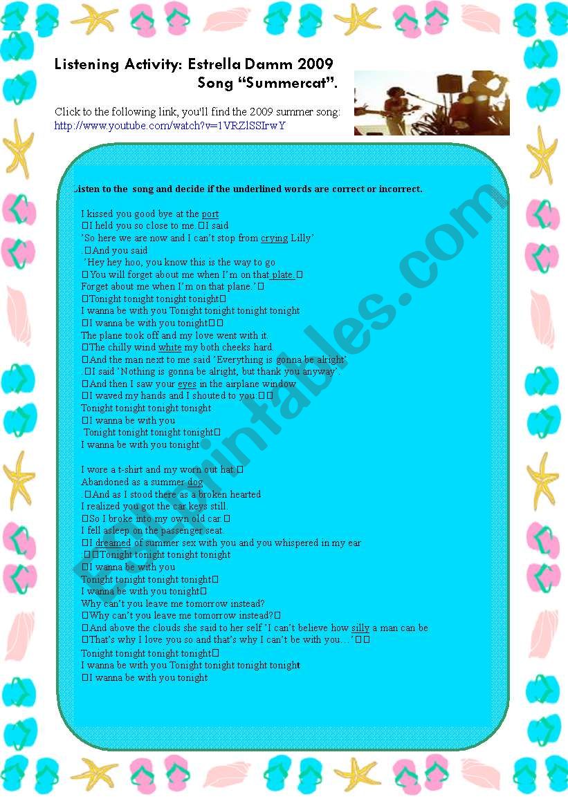 2009 Summer song: Summercat  worksheet