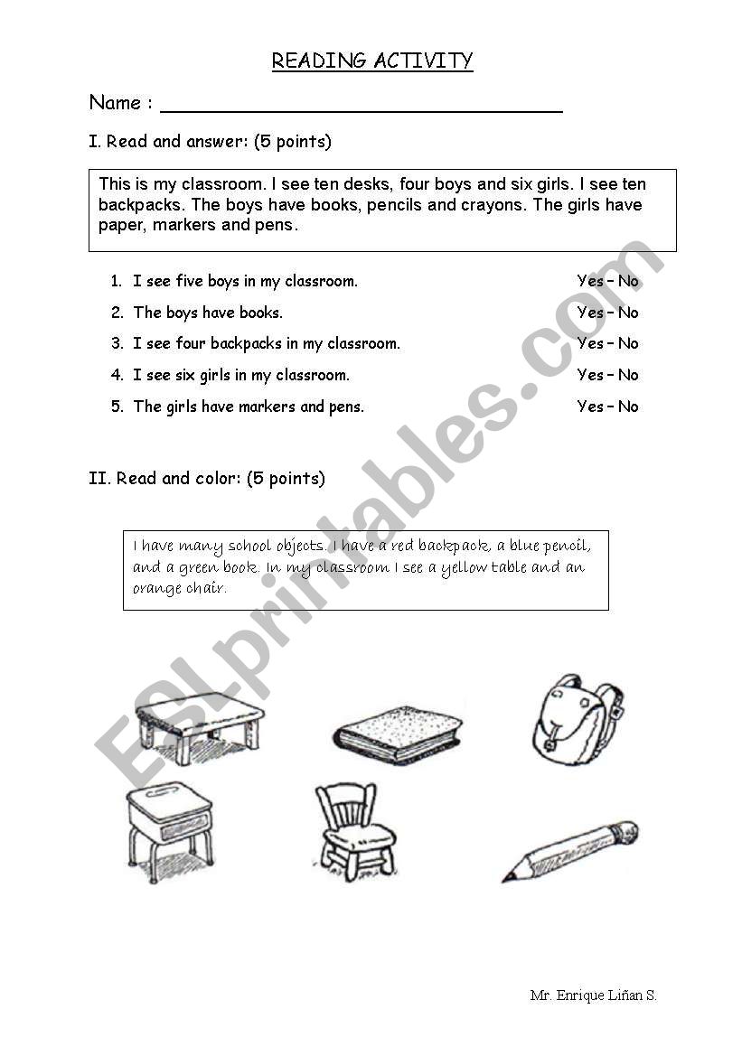 Reading Activity (classroom objects - family members - parts of the body)