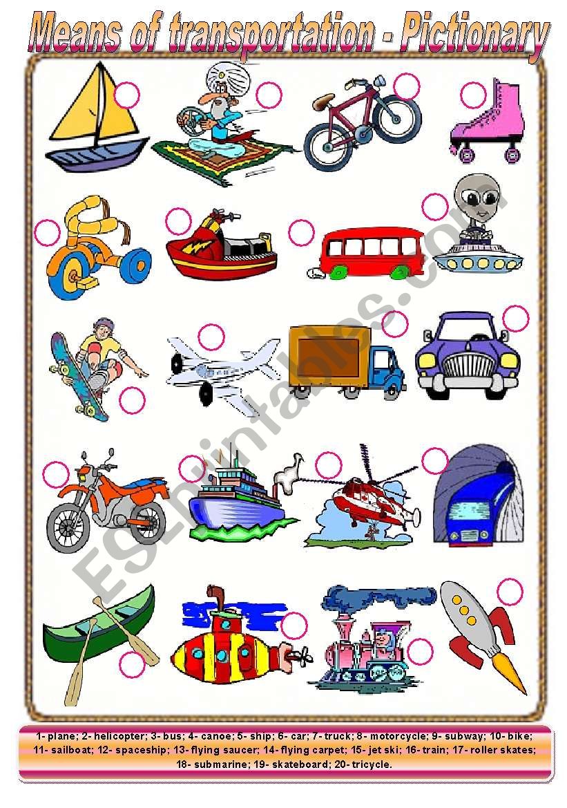 Means of transportation - pictionary + activities (fully editable, pictionary keys included, American English)