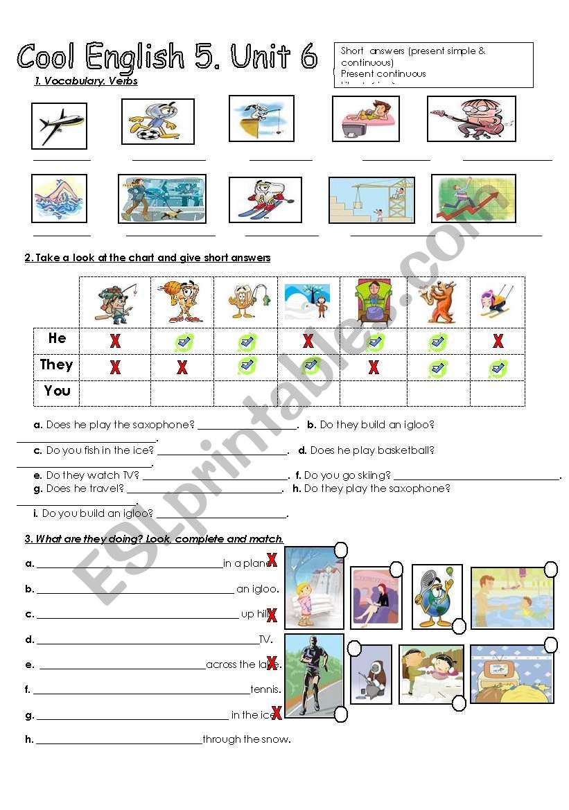 Cool English 5, unit 6. Short answers and Present continuous introduction