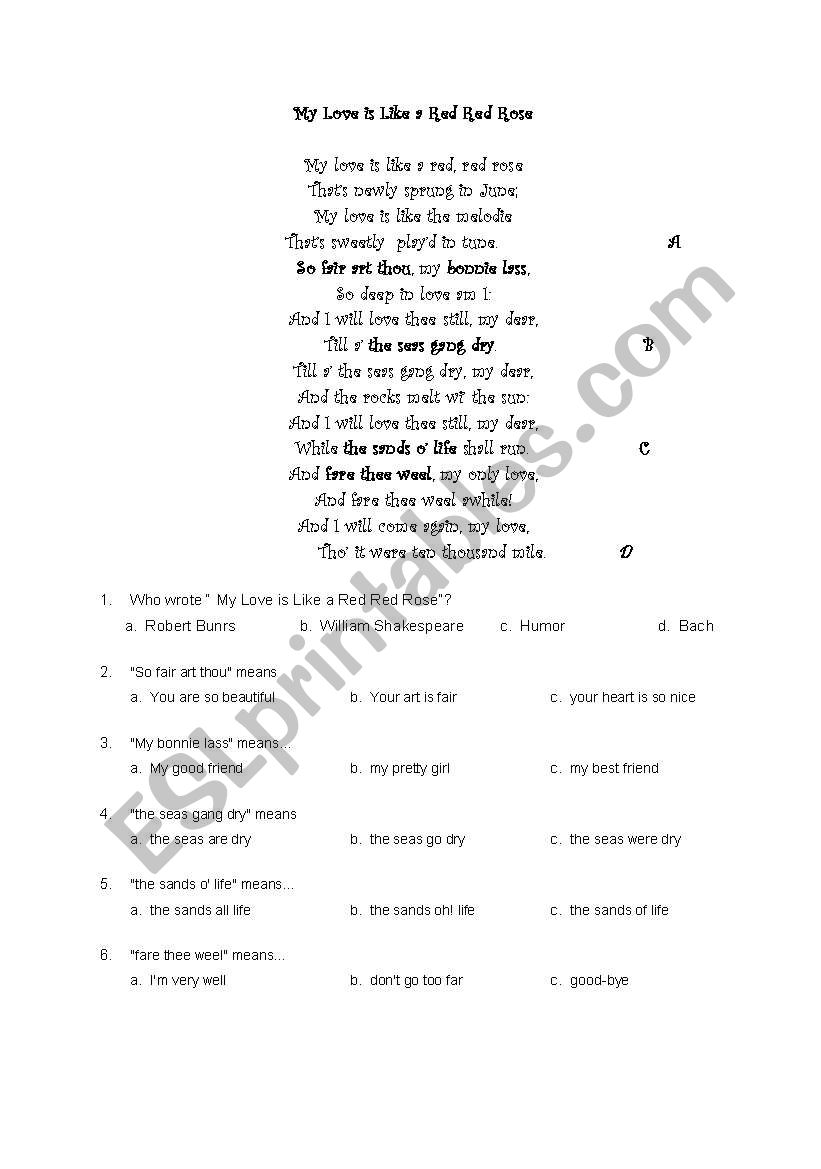 A Red Red Rose worksheet