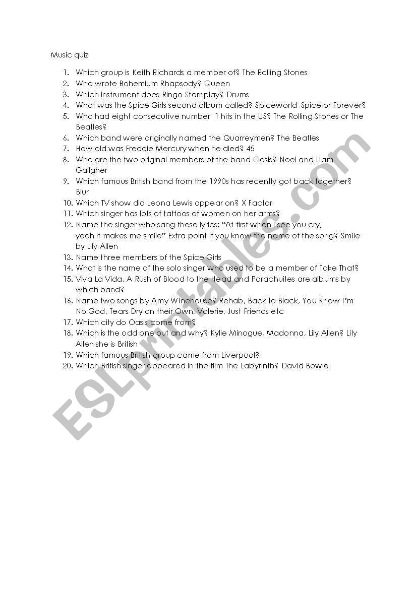 British Music Quiz worksheet