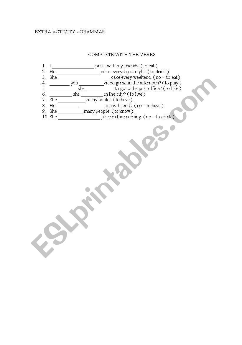 Extra activity - verbs worksheet
