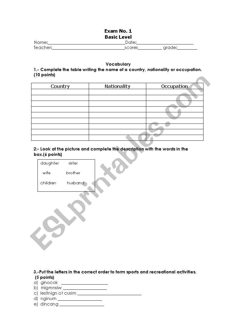 elementary exam worksheet