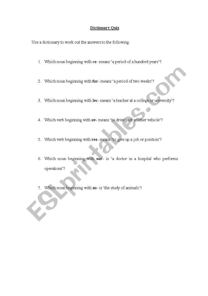 Dictionary Quiz worksheet