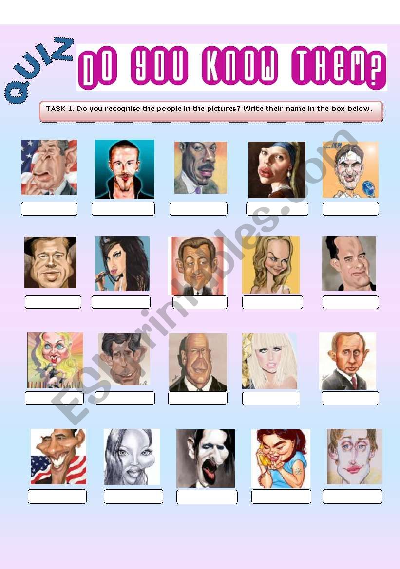 Famous people in caricatures worksheet