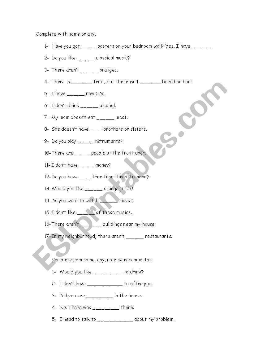 Some, any and no worksheet
