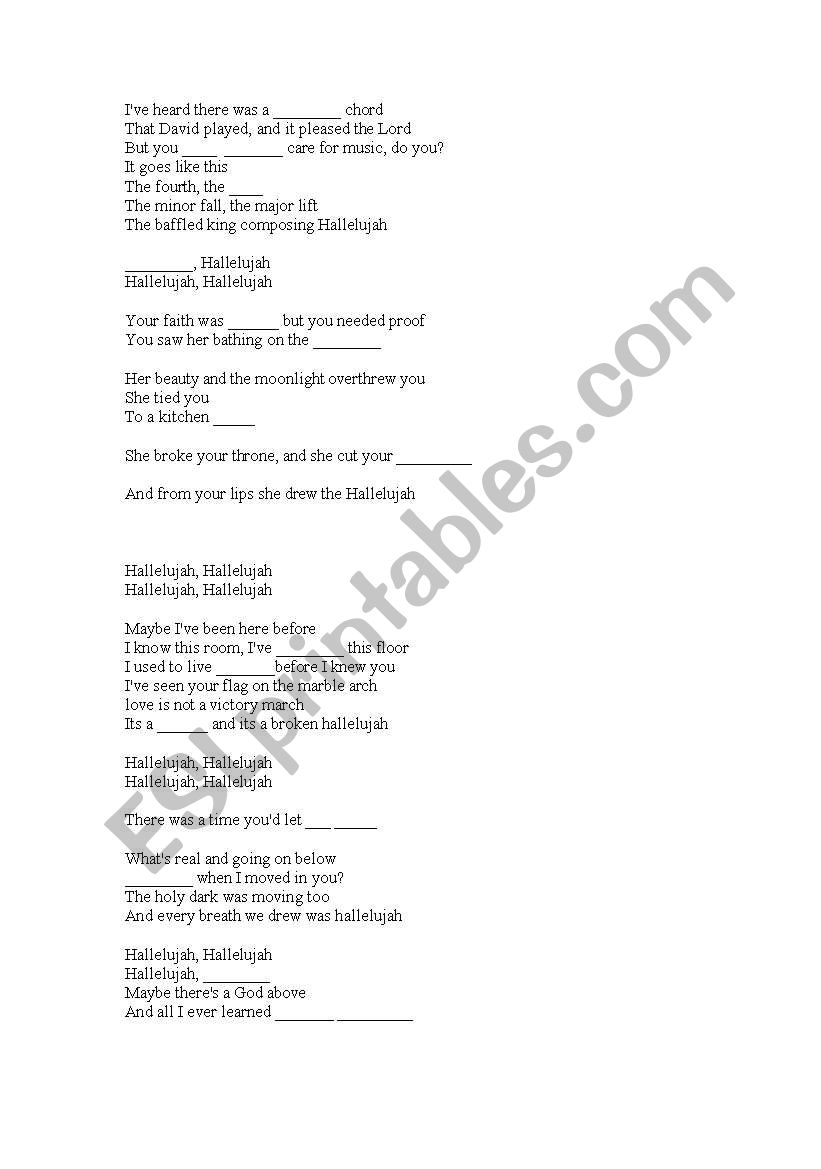 Hallelujah worksheet