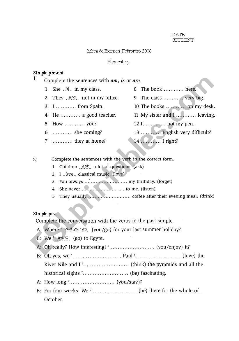elementary exam/test worksheet