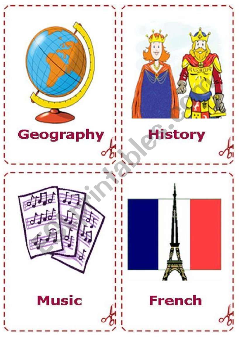 School Subjects - Flash-card worksheet