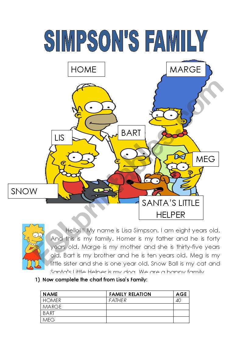 Simpsons family worksheet