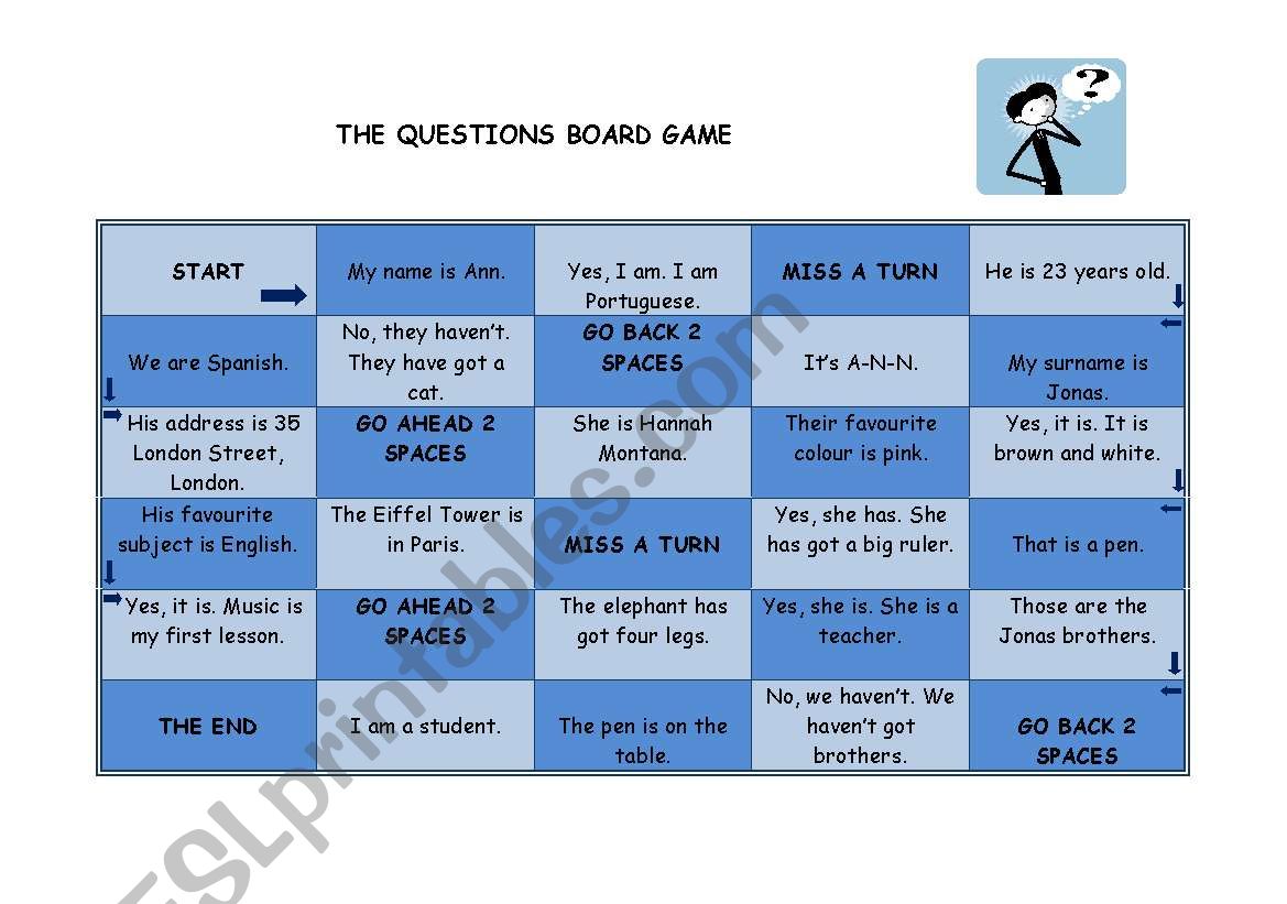 The Questions board game worksheet