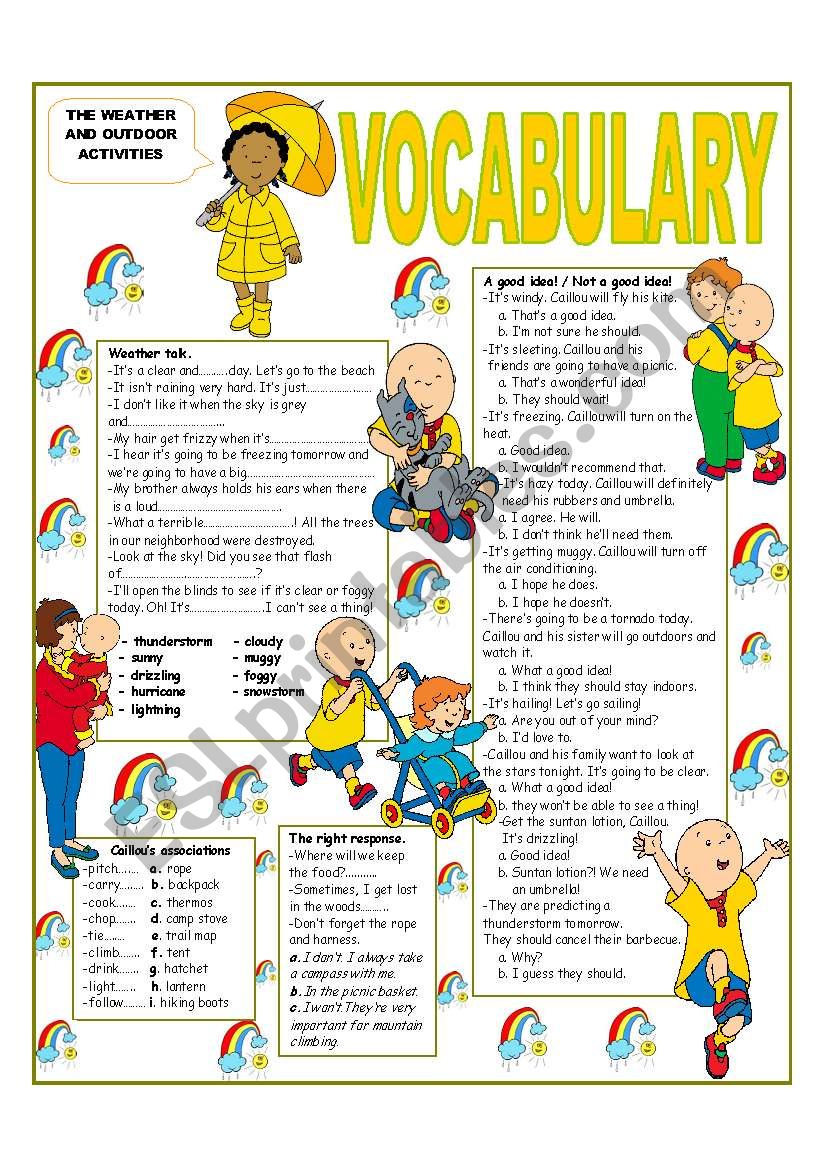 RECYCLING VOCABULARY - TOPIC: THE WEATHER AND OUTDOOR ACTIVITIES . Elementary and up.