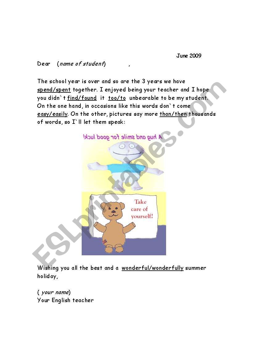 End of school year letter worksheet