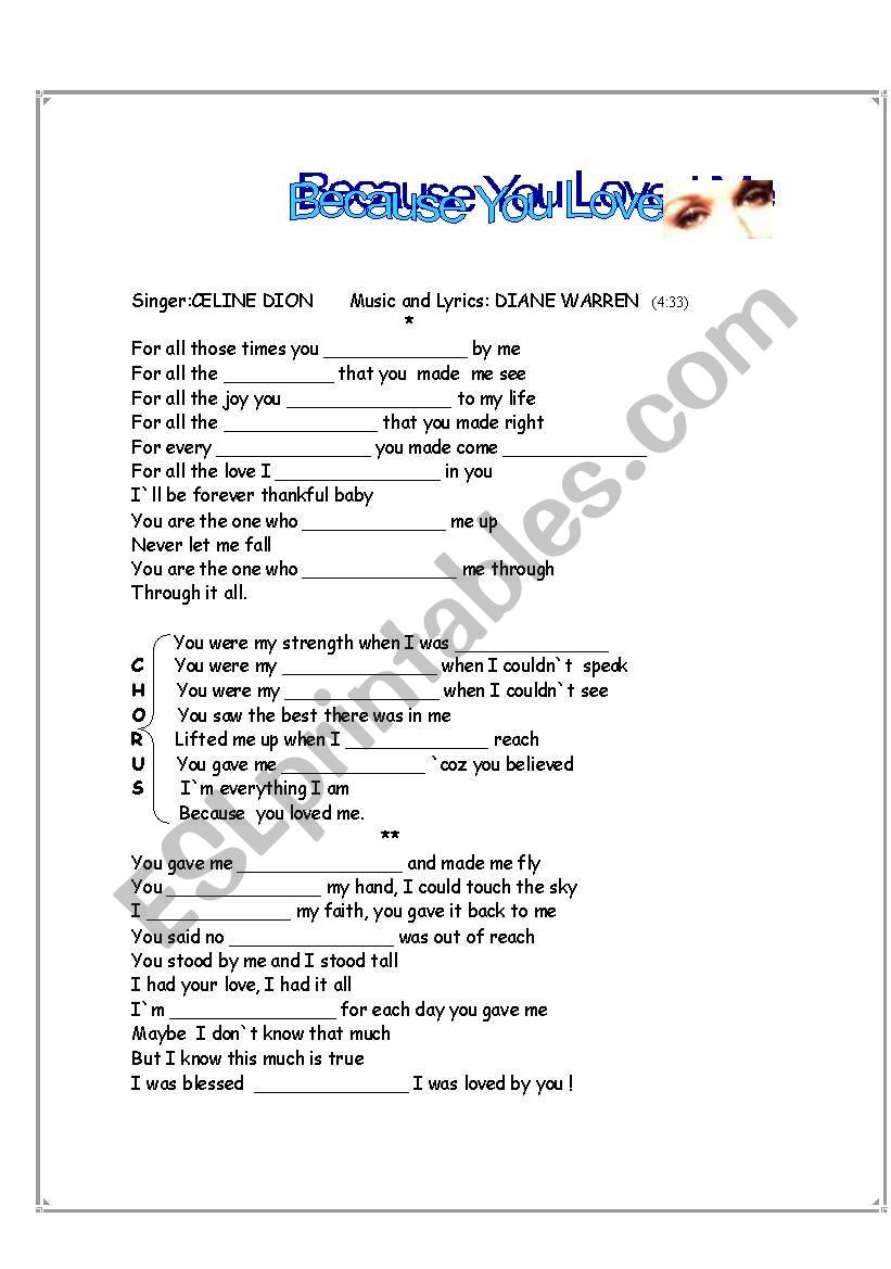 Because you loved me worksheet