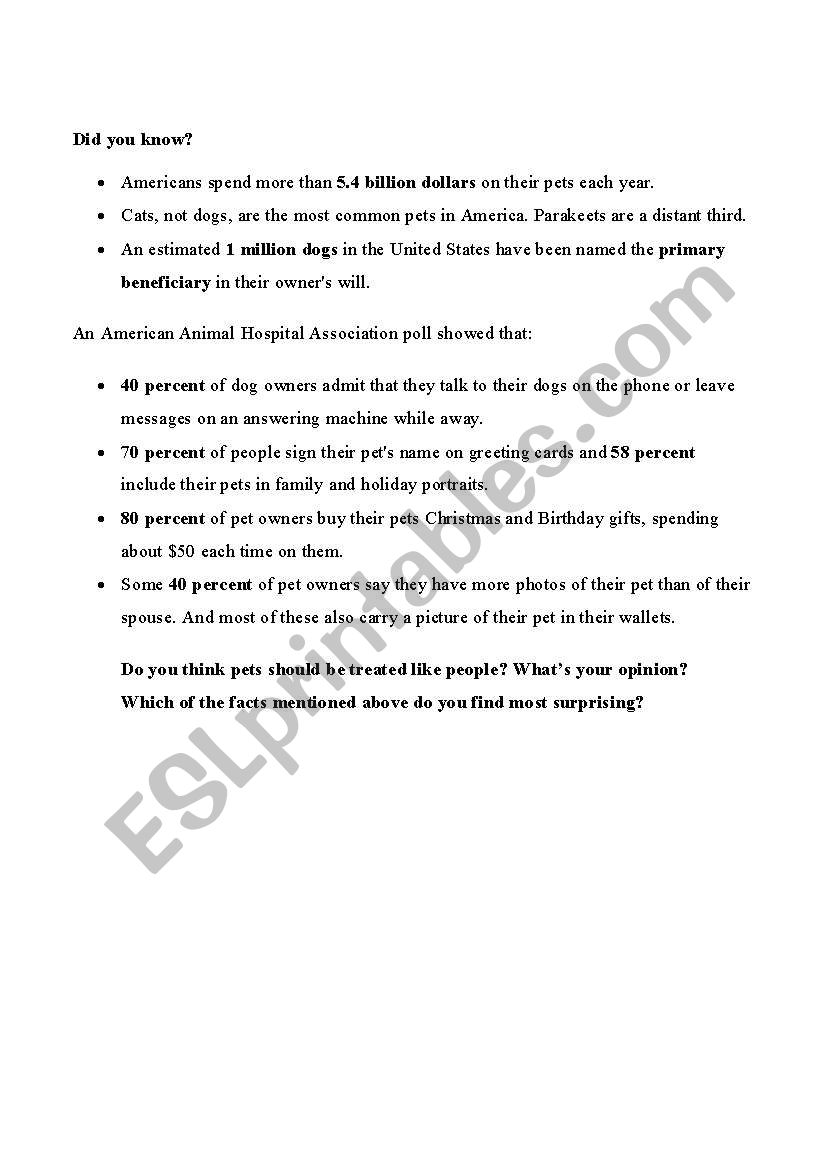 Pets & owners; Did you know? worksheet