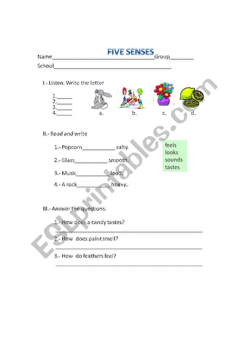 Five Senses Test worksheet