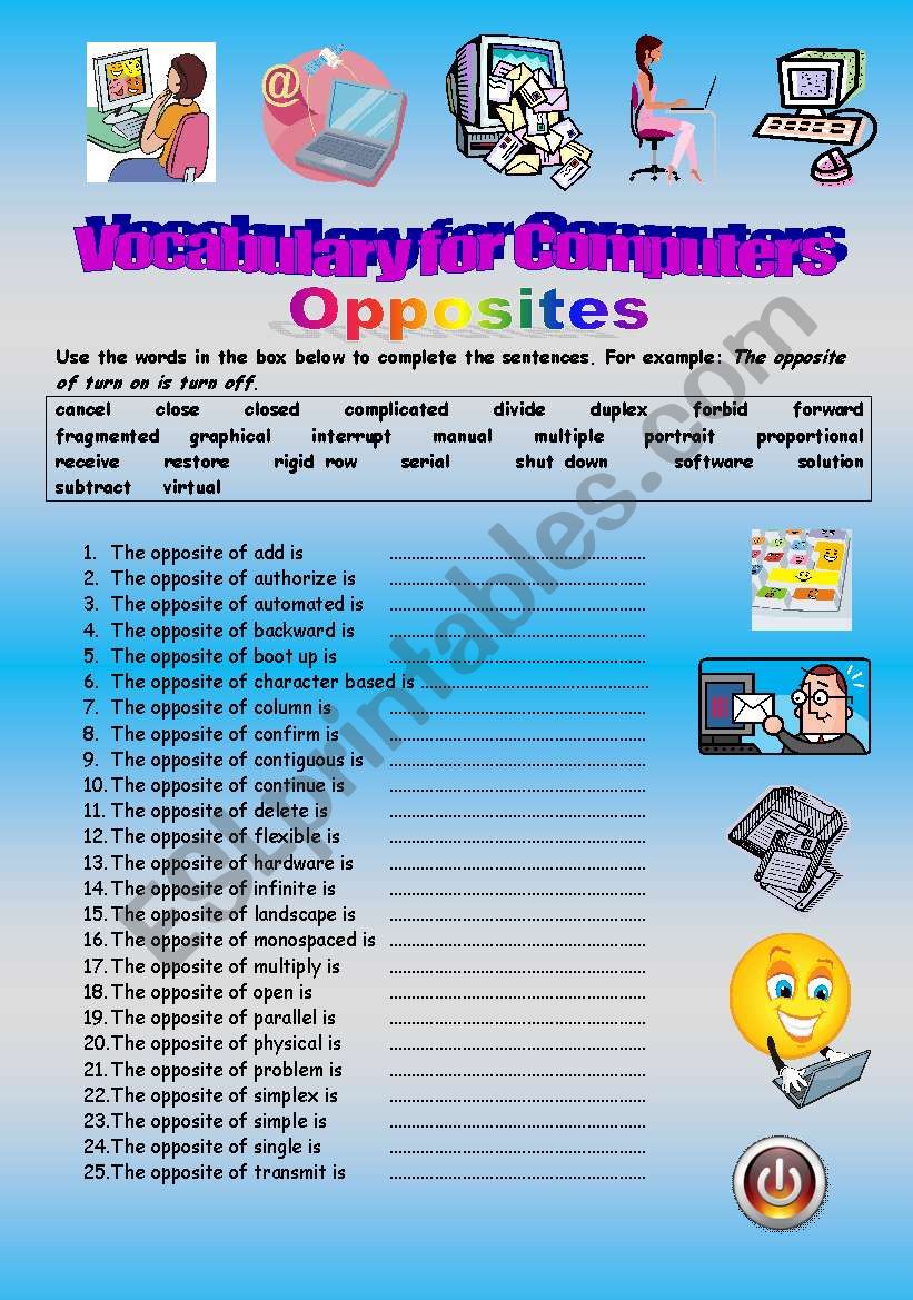 Computer Vocabulary - Antonyms - elementary to intermediate - Editable